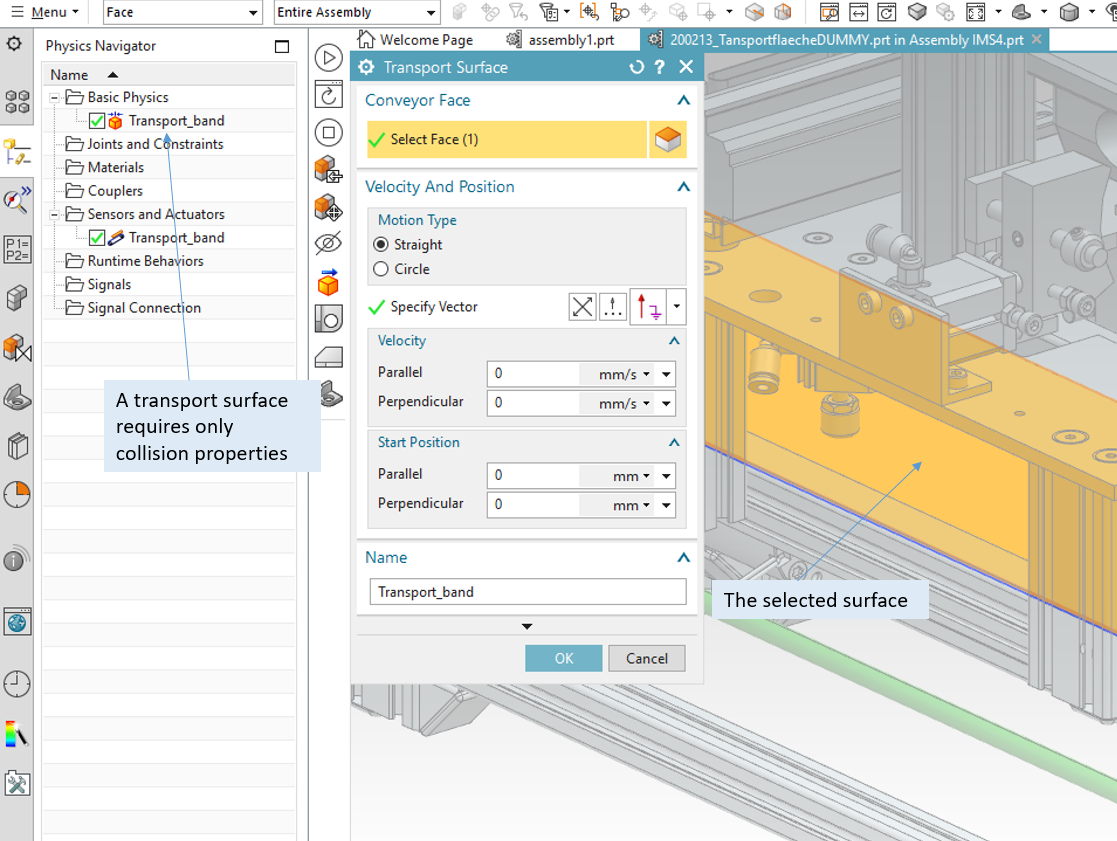 Assigning transport area properties to a surface