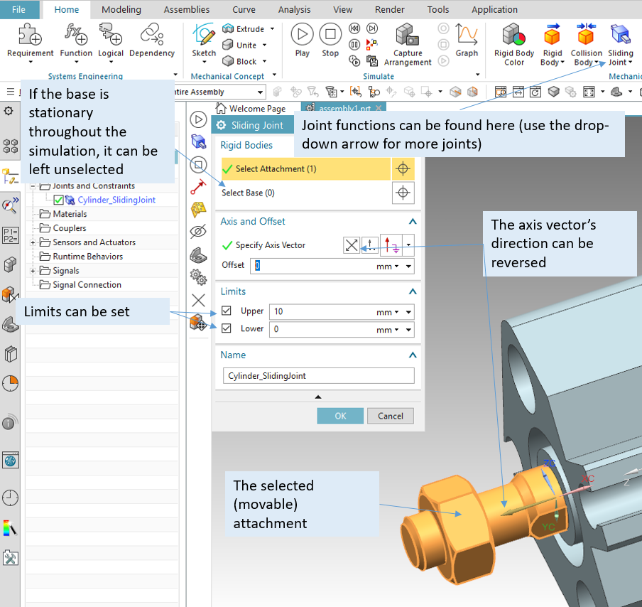 Assigning a sliding joint to an object