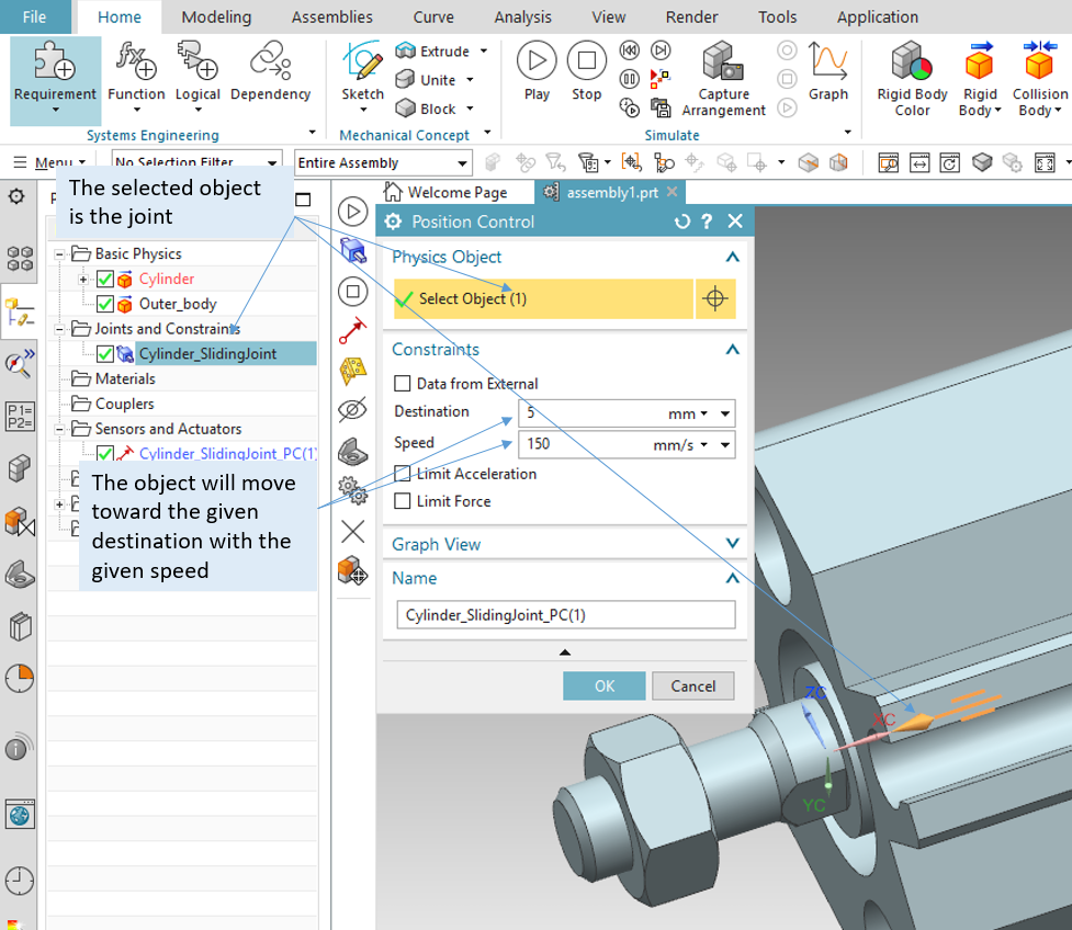 Creating a position control to control the position of an object along its sliding joint
