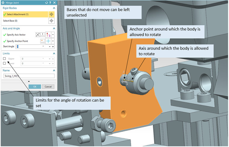 Assigning a hinge joint to an object within an assembly