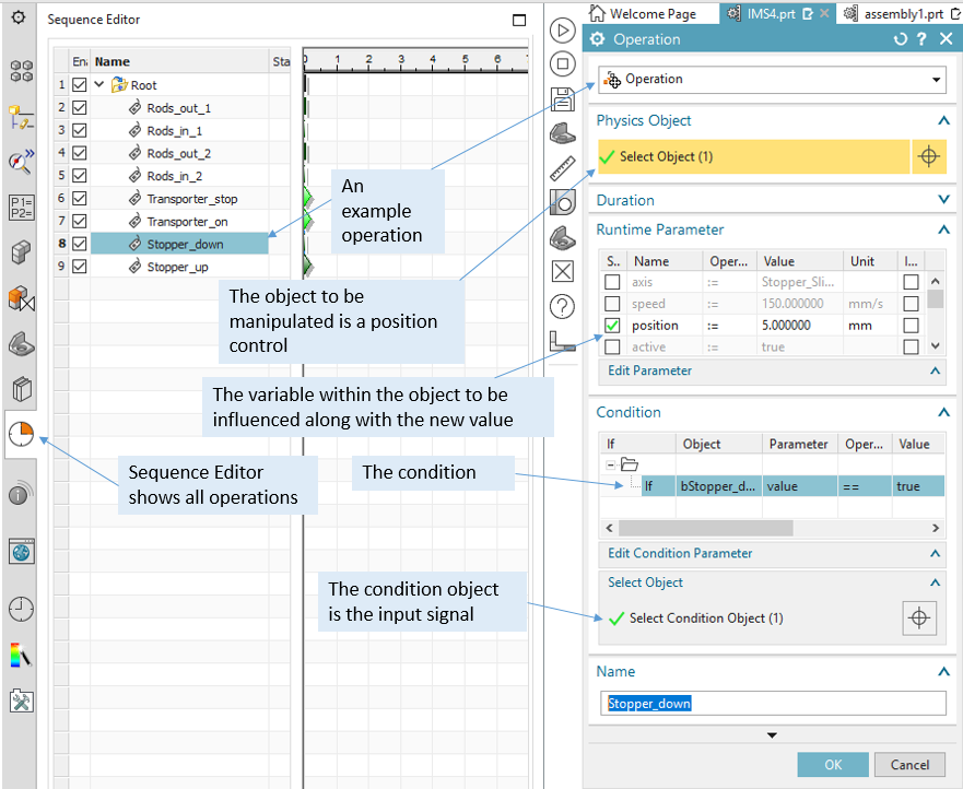 An example of an operation to influence a position control during simulation in real time