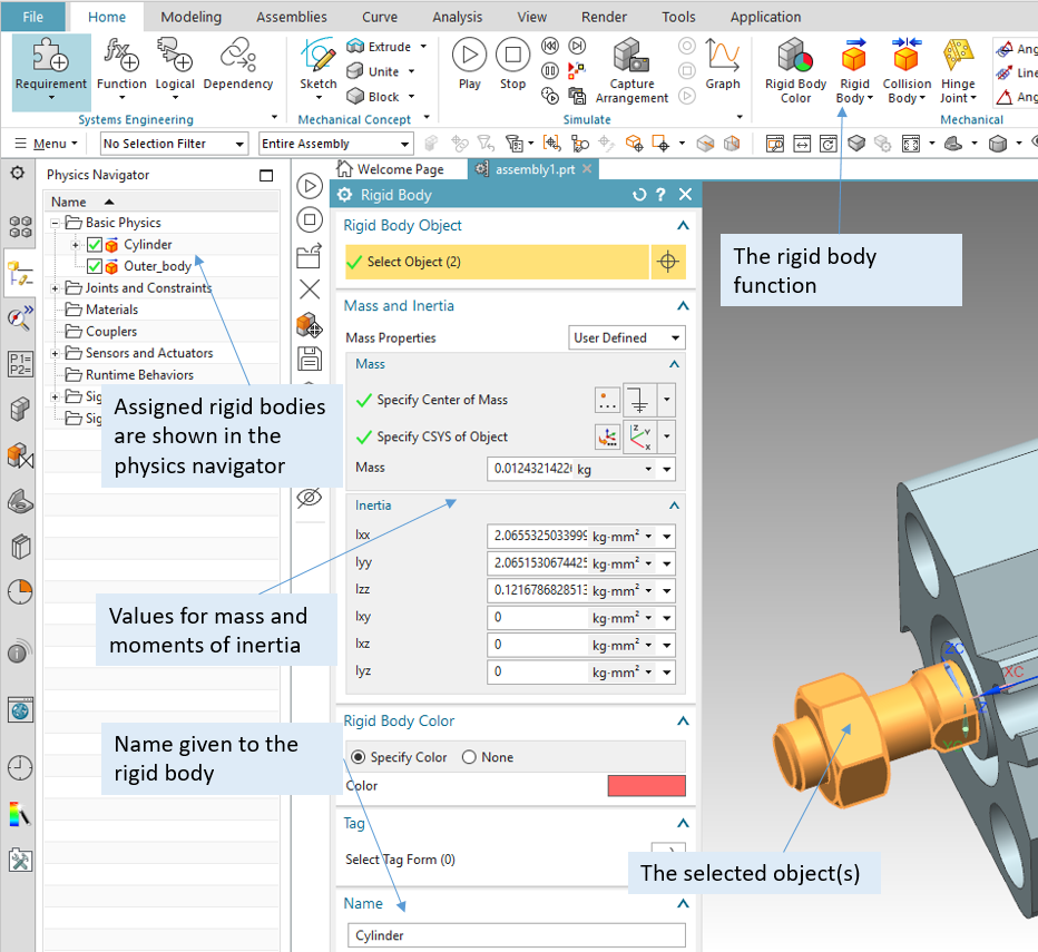 Assigning a rigid body to a part. One rigid body can consist of multiple parts connected to each other that will always undergo the same motion together.